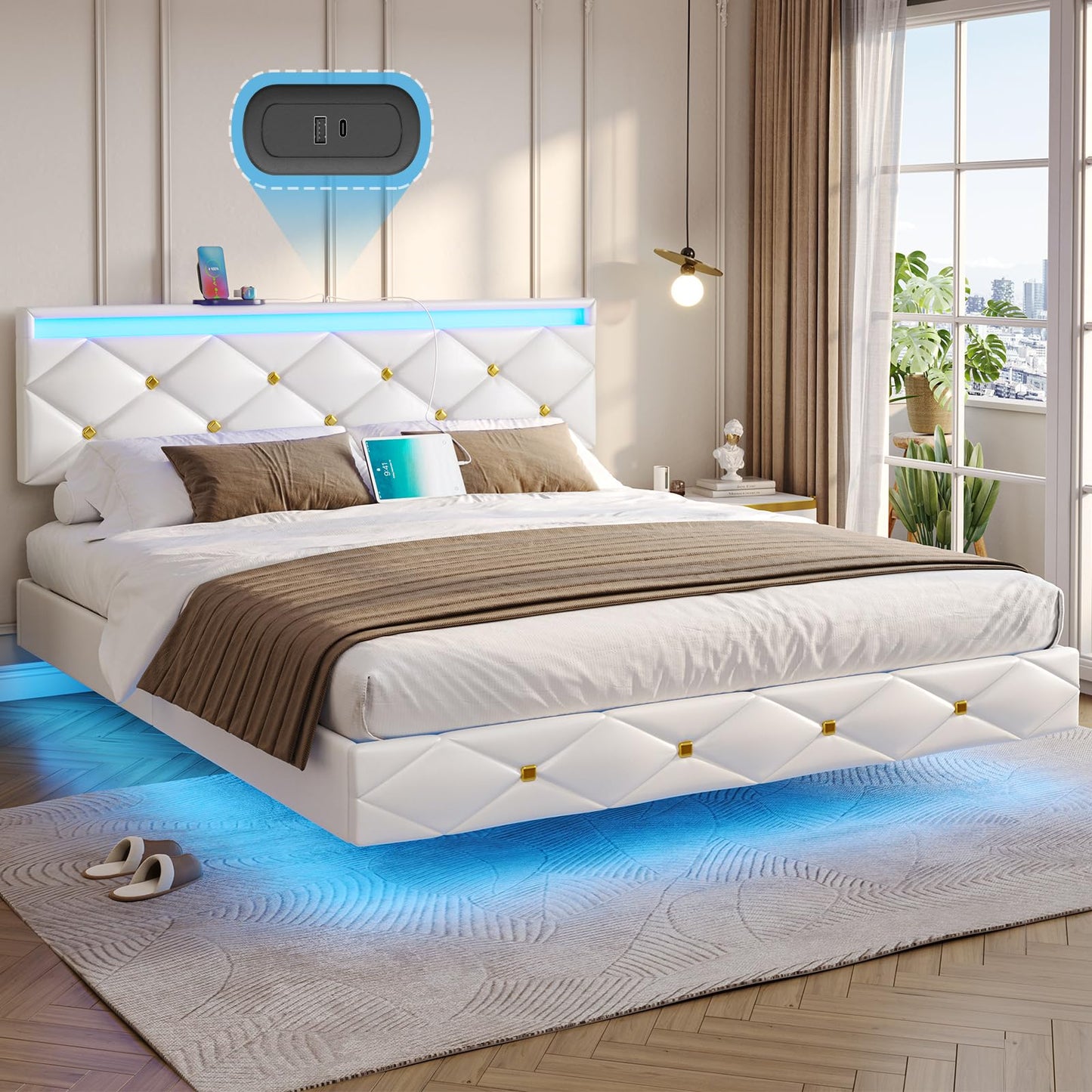 Hasuit Modern Floating Queen Bed Frame with LED Lights and Charging Station - WoodArtSupply