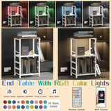 YAKANJ End Table with LED Light,Record Player Stand with Albums Storage,Vinyl Records Storage,Turntable Stand Side Table for Music Room Studio Living Room Bedroom-White YAKANJ