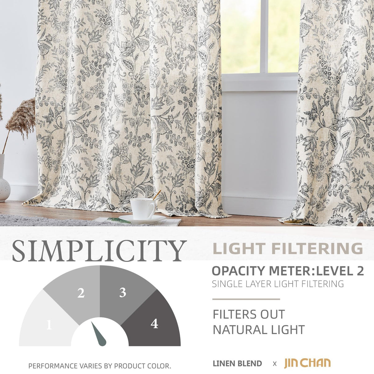 jinchan Floral Linen Blend Curtains for Living Room Black French Country Farmhouse 84 Inch Long Light Filtering Semi Sheer Kitchen Window Back Tab Curtains 2 Panels jinchan