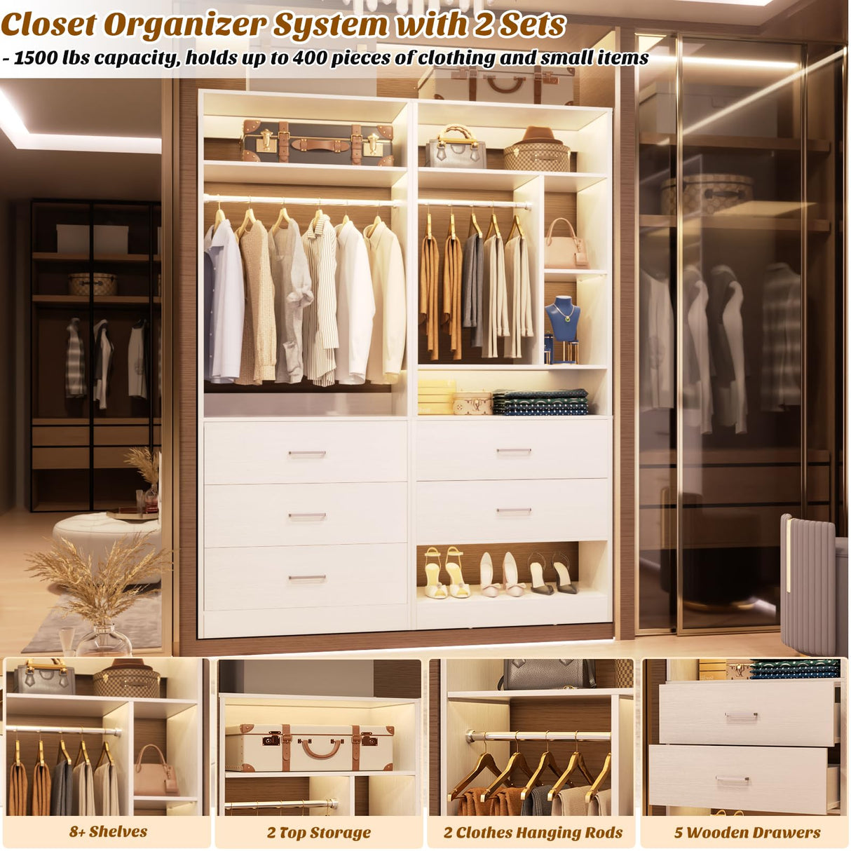 Besiost 4FT Closet Systems with 5 Wood Drawers, 48 Inch Closet Organizer System with 2 Hanging Rods & 7 Shelves, Heavy Duty 48" Walk-in Closet , White (48"L x 15" W x 80" H) Besiost
