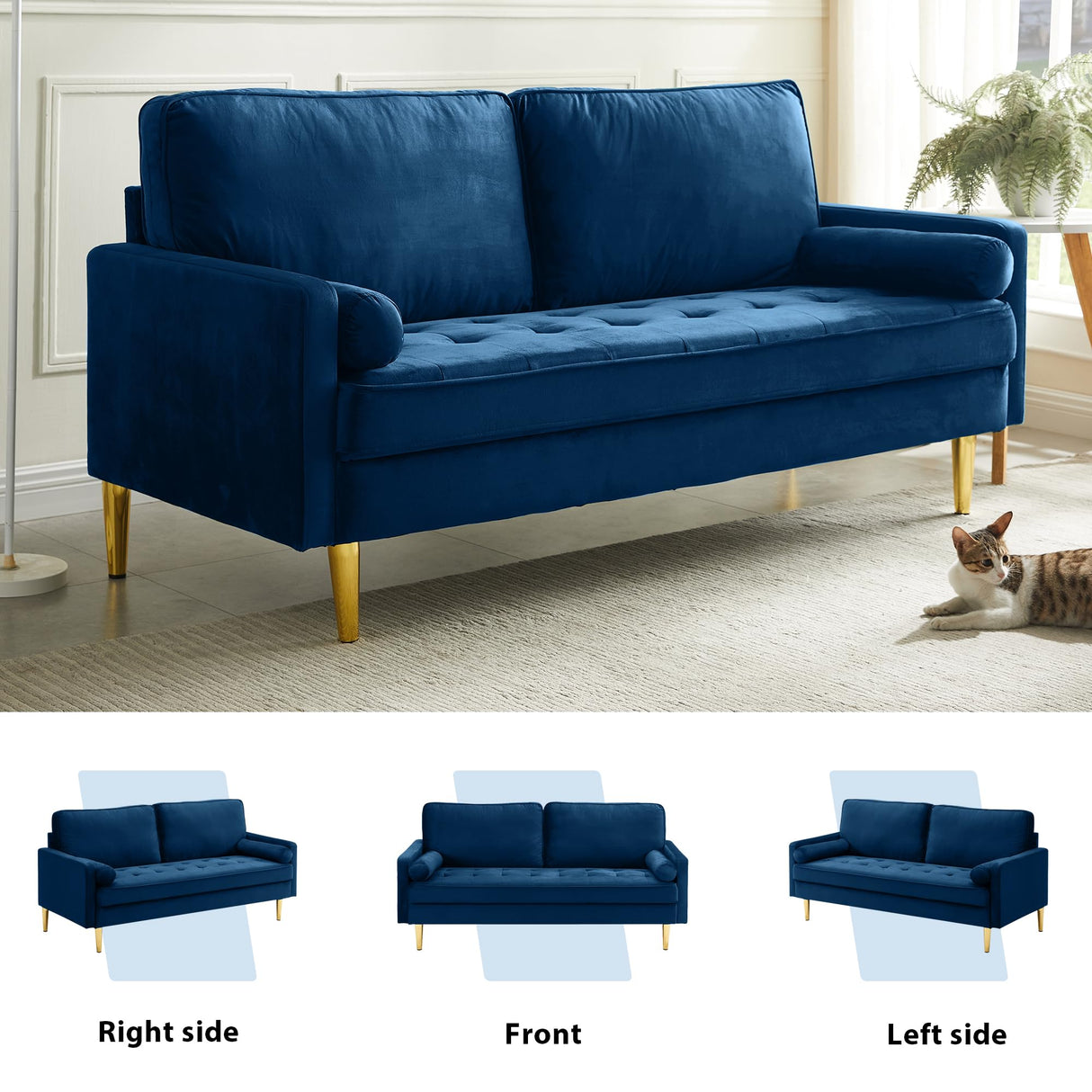 RXRRXY 67" Modern Velvet Loveseat Sofa Couch, Mid-Century Tufted Upholstered Small Love Seat Couch with 2 Pillows & 4 Golden Legs, 2-Seats Couches for Compact Space, Living Room, Apartment (Navy) RXRRXY