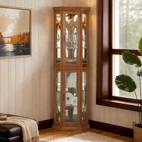 CKEASEAN Corner Curio Cabinet, 70" H Glass Display Cabinet with 6 Tempered Adjustable Glass Shelves and Vintage Door Decoration, China Cabinet with Light Bulb Included, Rack for Living Room(Oak) CKEASEAN