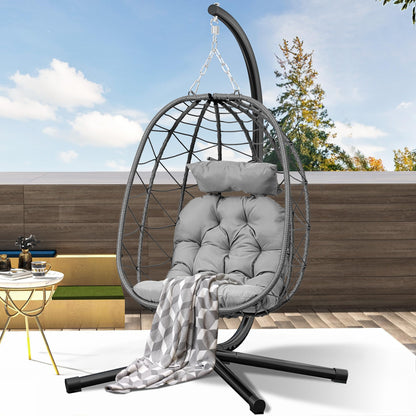 DWVO Egg Hanging Swing Chair with Stand Egg Chair Wicker Egg Chair with Cushions 330lbs for Patio, Bedroom, Garden and Balcony, Dark Gray