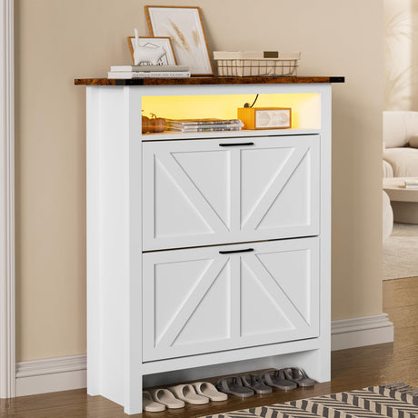 MU Shoe Cabinet with 2 Flip Drawers & Open Storage Space, Entryway Shoe Storage Cabinet with LED Light, Hidden Shoe Organizer for Entryway, White MU