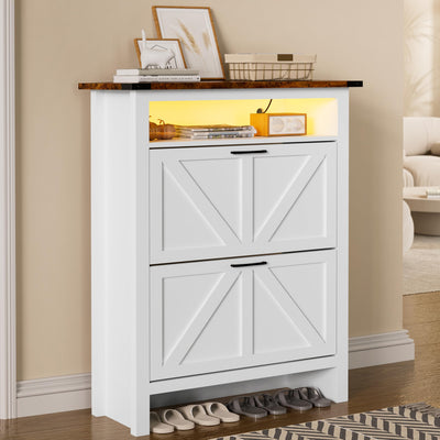 MU Shoe Cabinet with 2 Flip Drawers & Open Storage Space, Entryway Shoe Storage Cabinet with LED Light, Hidden Shoe Organizer for Entryway, White