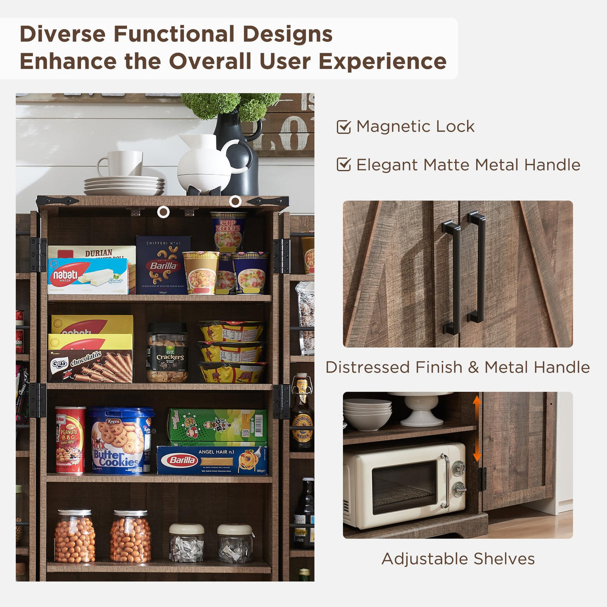 ACCOHOHO 47" Kitchen Pantry, Farmhouse Storage Cabinet with Barn Doors, Organizer and Adjustable Shelves, Rustic Wood Cupboard for Kitchen, Dining Room, Bathroom and Hallway, Rustic Brown ACCOHOHO