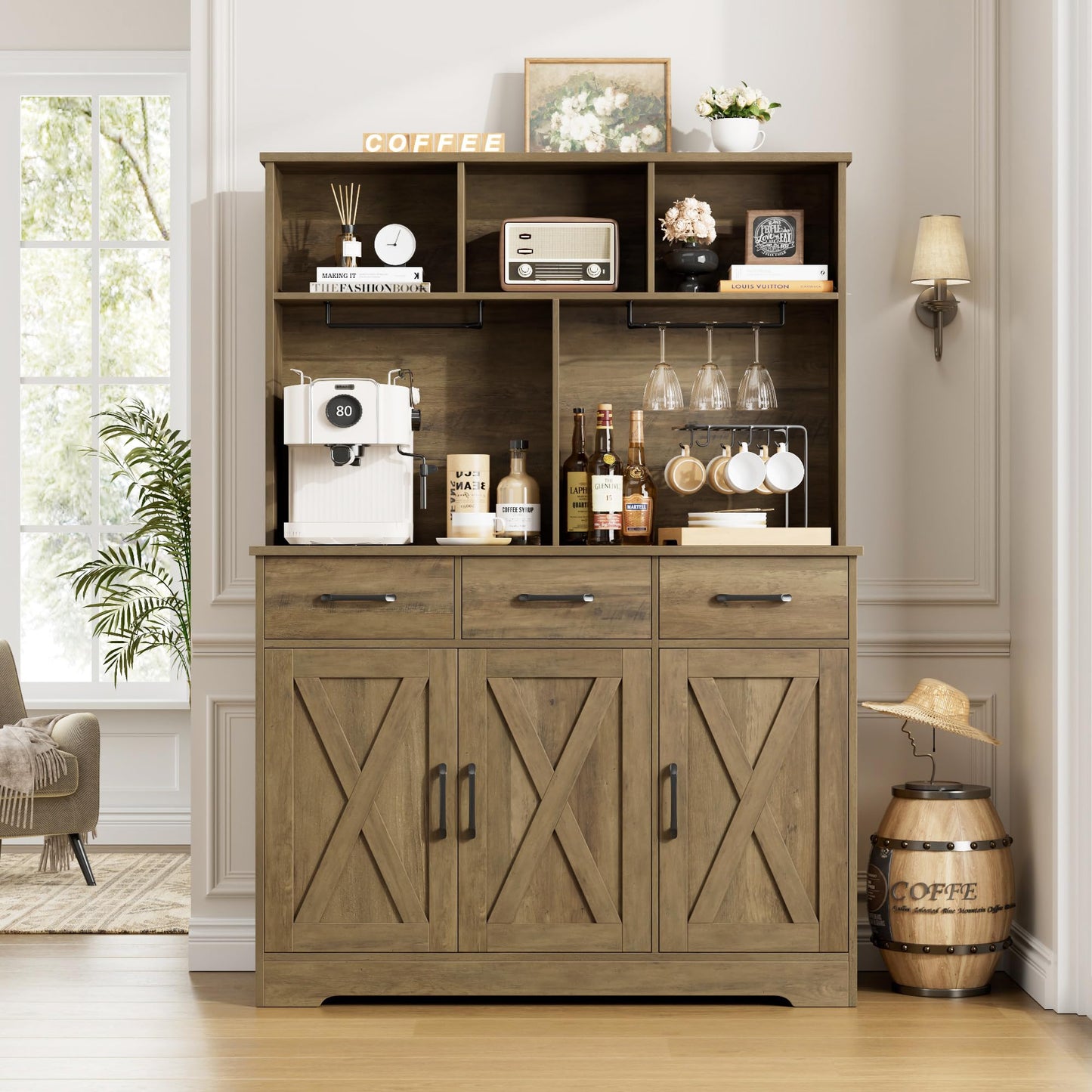 HOSTACK Buffet Cabinet with Hutch, Modern Farmhouse Kitchen Buffet Sideboard Storage Cabinet with 3 Drawers, Barn Door Coffee Bar Station, Liquor Cabinet for Dining Room, Living Room, Rustic  - WoodArtSupply