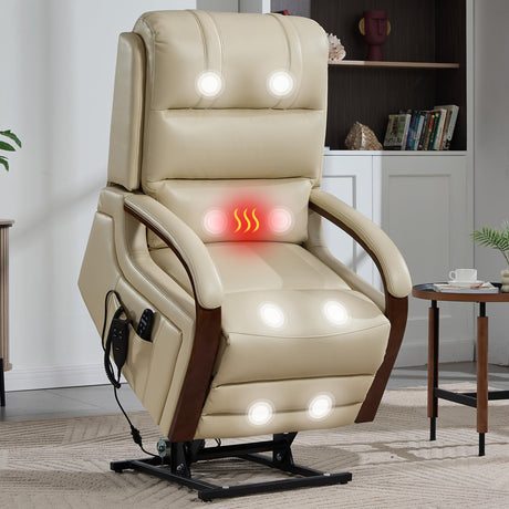 EZZUP Power Lift Recliner Chair for Elderly People, Dual Motor Lift Chair with Vibration Massage and Heat, Lay Flat Recliner with Solid Wood Armrest, Standing Assistance Reclining, Faux Leather Beige EZZUP