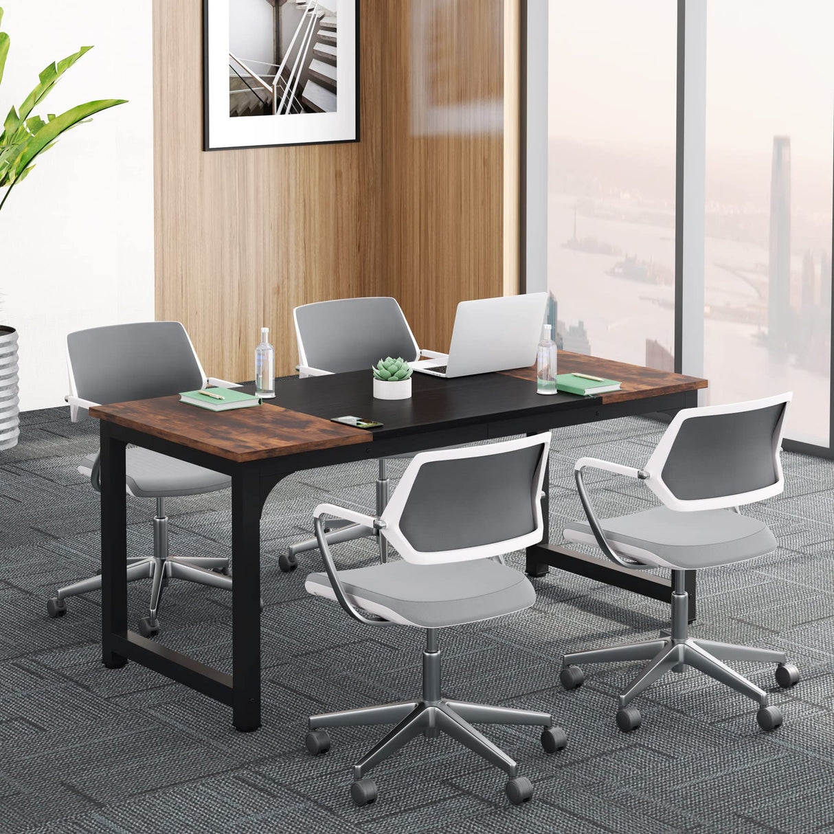 Tribesigns Conference Table, 63" W x 31.5" D Meeting Room Table Boardroom Desk for Office Conference Room, Splicing Board with Metal Frame, Rustic Brown/Black Tribesigns