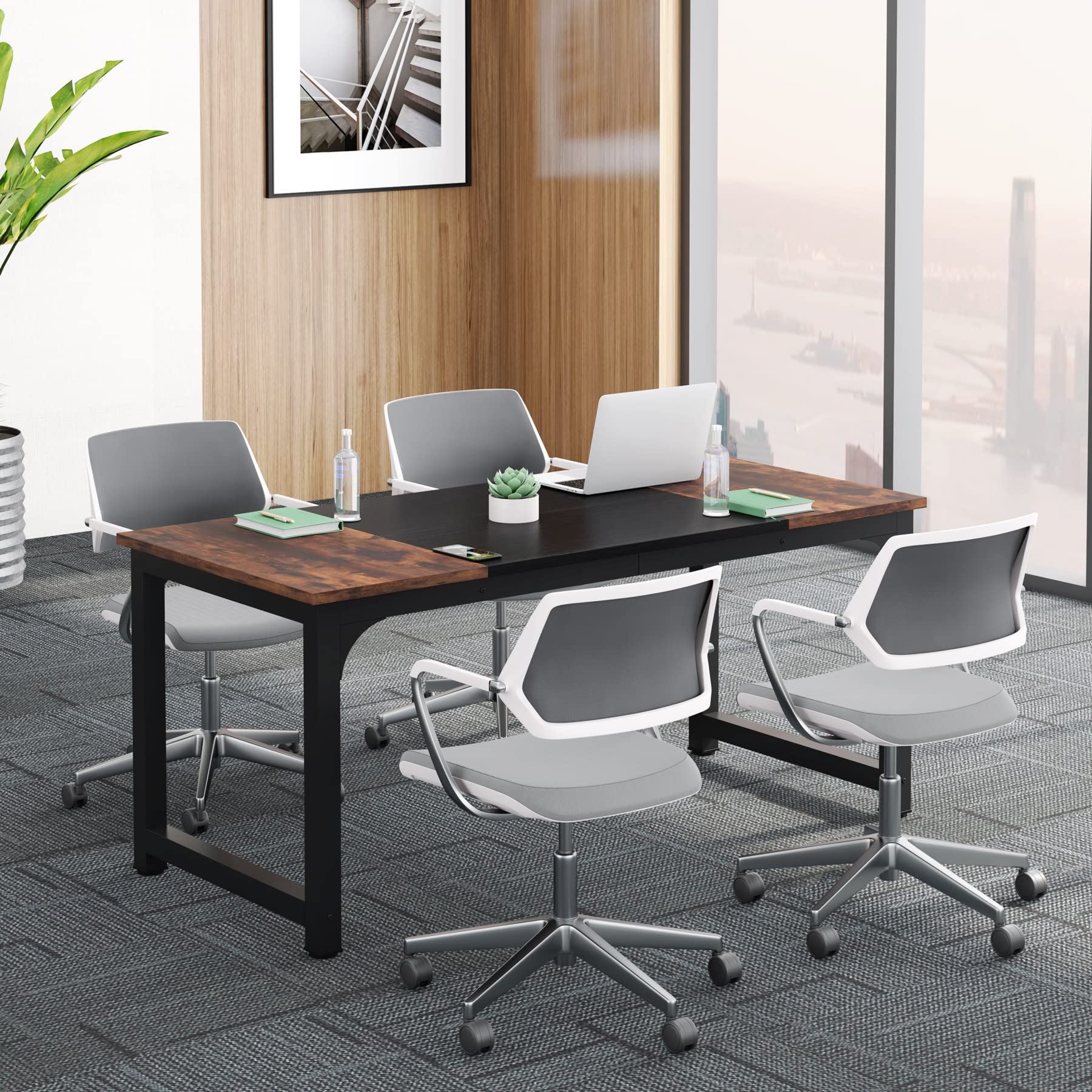 Tribesigns Conference Table, 63" W x 31.5" D Meeting Room Table Boardroom Desk for Office Conference Room, Splicing Board with Metal Frame, Rustic Brown/Black - WoodArtSupply