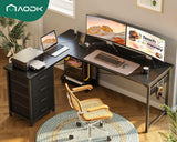 AODK L Shaped Gaming Desk with 4 Drawers, 53" Reversible Home Office Desks with Power Outlets, L Shaped Computer Desk with USB Charging Port and Host Stand, Corner Desk, Easy to Assemble, Black AODK