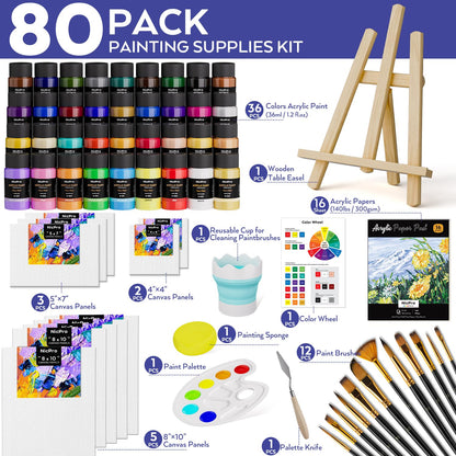 Nicpro Acrylic Paint Canvas Set for Adults, 80PCS Art Painting Supplies Kit with 36 Paints(36ML), Table Wood Easel,10 Canva Panels,12 Brushes,Paper Pad,Cleaning Cup, Palette for Kids Artist Beginner