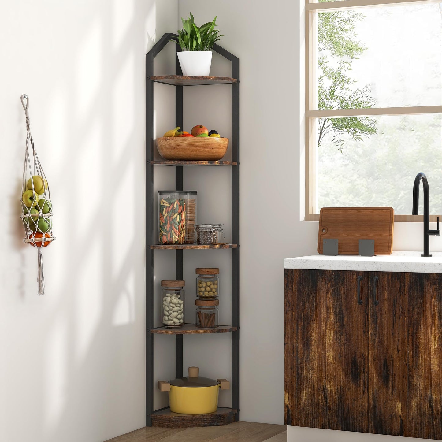 Rustic Brown 5-Tier Corner Bookshelf & Plant Stand by Fun Memories - WoodArtSupply