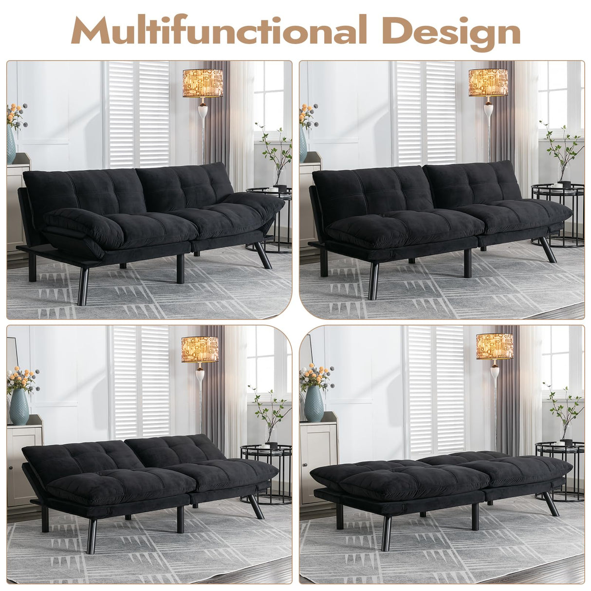 Edbuosy Comfortable Futon Sofa Bed, Memory Foam Loveseat, Convertible Adjustable Sofa Bed CouchSuitable for Office, Home, and Bedroom (Black) Edbuosy