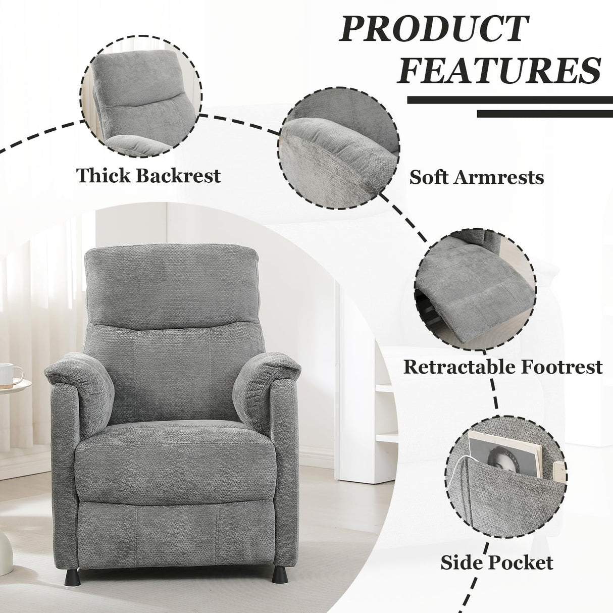 Grey Power Recliner Chairs for Adults, Ultra-Comfy Small Recliners for Small Spaces, Adjustable Electric Recliner Chairs with Remote & 2 Side Pockets - Padded Seat Backrest & Footrest (Gray) anwickjeff