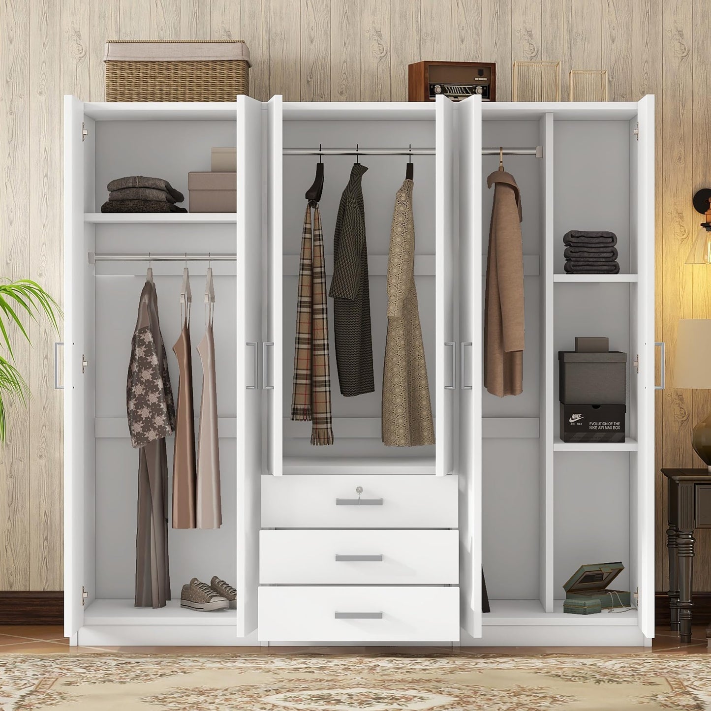 BEDGJH Large Wardrobe Closet 6 Doors, 70.9" W Wooden Wardrobe Cabinet with Big Drawers, Bedroom Armoire Dresser Wardrobe Clothes Organizer (White)