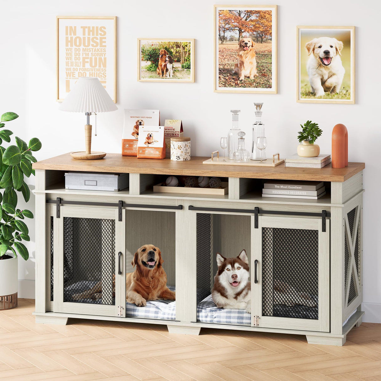 71" Dog Crate Furniture, Extra Large Wooden Double Dog Crate with 3 Storages and Removable Divider, Furniture Style Dog Crate Table Indoor TV Stand for Large Medium Dogs, White STMHOM