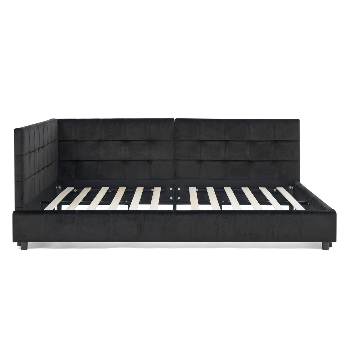 RuiSiSi Queen Size Upholstered Daybed, Queen Corner Bed with L Shaped Headboard, Velvet Day Bed Floor Bed Frame for Living Room Guest Room, Reversible Left or Right, Black RuiSiSi