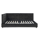 RuiSiSi Queen Size Upholstered Daybed, Queen Corner Bed with L Shaped Headboard, Velvet Day Bed Floor Bed Frame for Living Room Guest Room, Reversible Left or Right, Black RuiSiSi