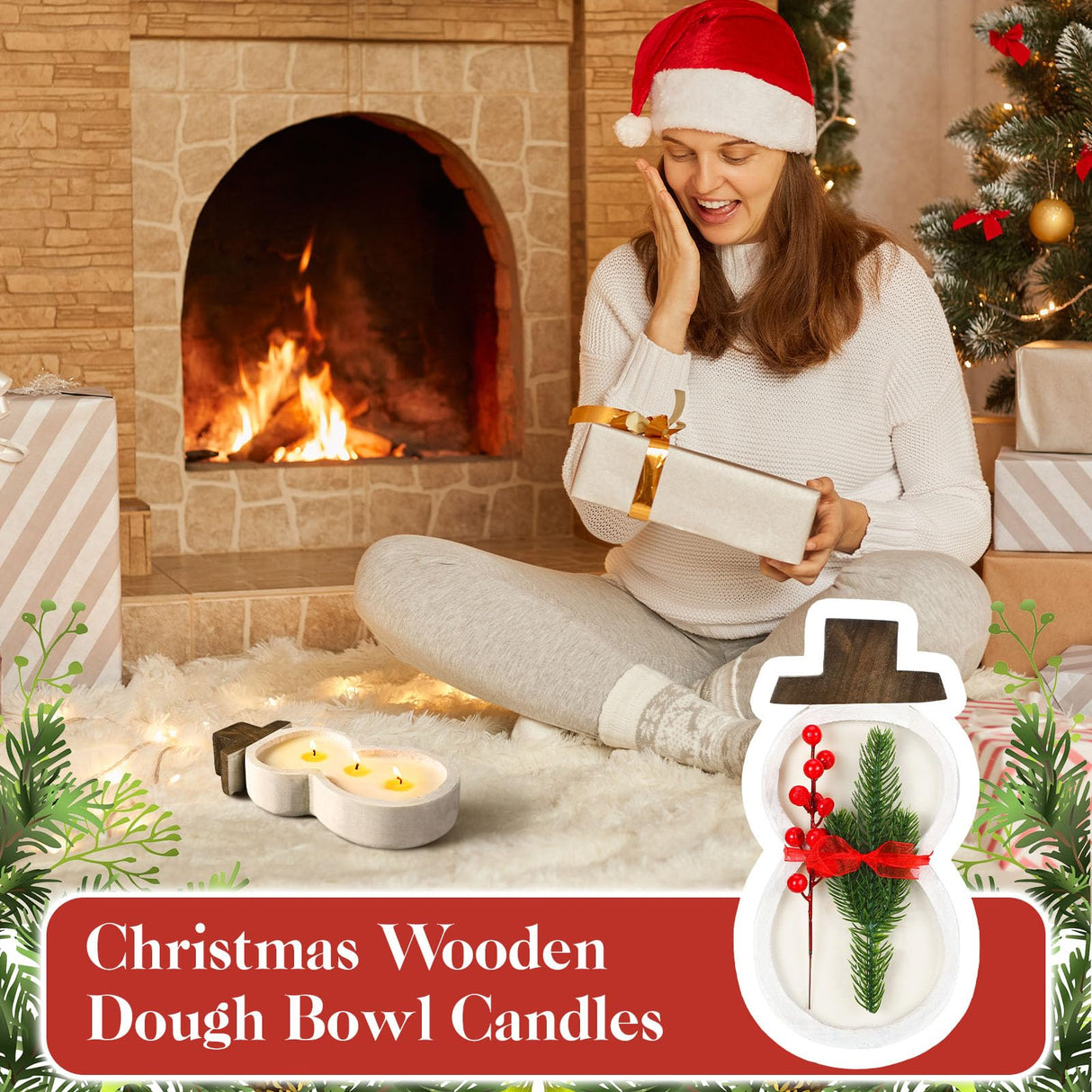 Conelist Wooden Dough Bowl Candles Christmas Candle Gifts Wooden Bowl Candle Farmhouse Bowl Candles for Wedding Birthday Christmas Gift Table Centerpiece Decor (Snowman, White) Conelist