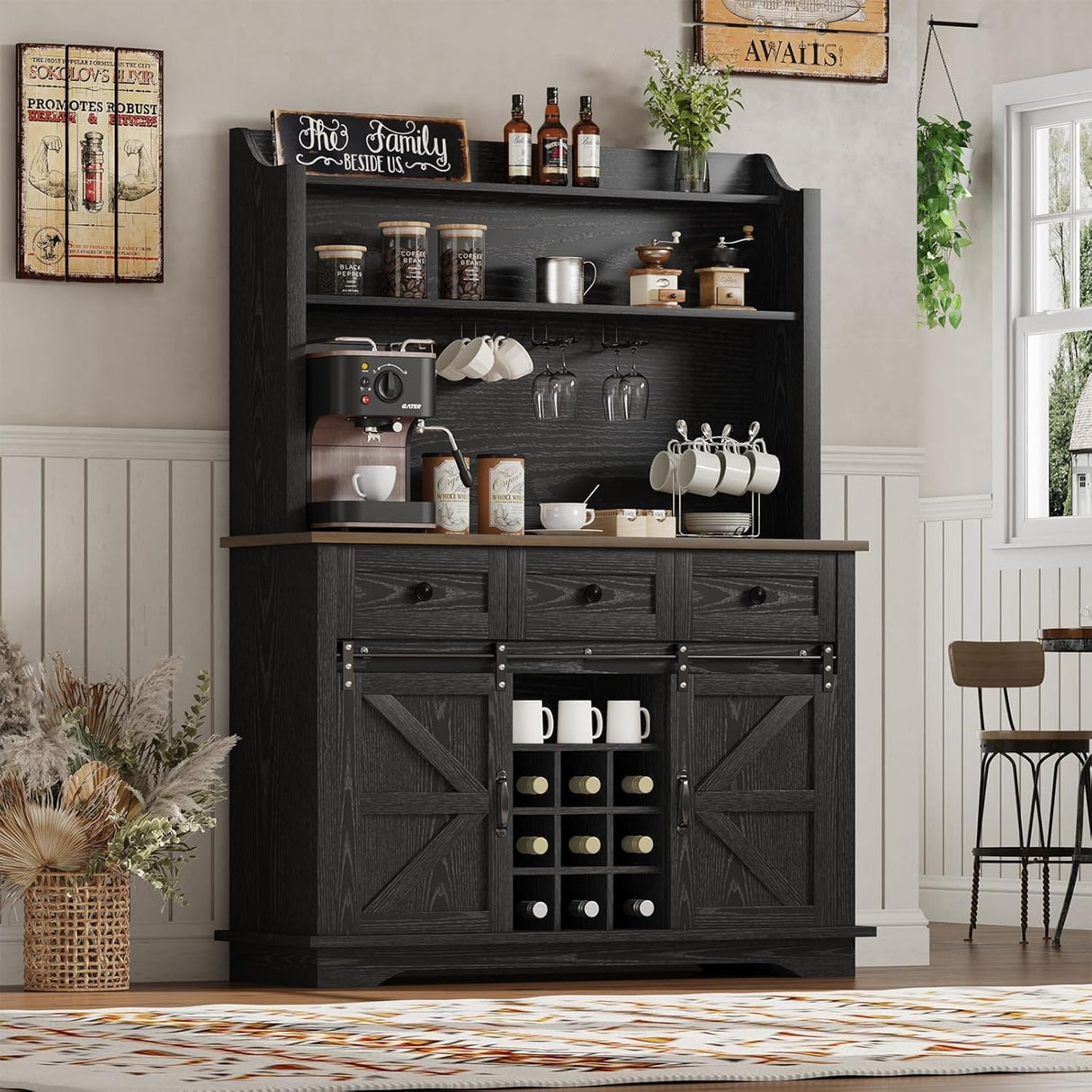 REVOMINCA 63 Inch Tall Coffee Bar Cabinet with 3-Tier, Kitchen Hutch with 3 Large Drawers, Farmhouse Coffee Bar with 9 Wine Racks & 3 Glass Holders, Wine Storage Cabinet for Living Dining Room, Black REVOMINCA