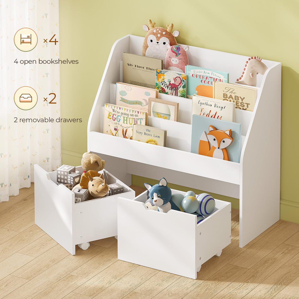 Kids Bookshelf - 4 Tier Small Bookcase for Kids Room, Toy Storage for Children with 2 Movable Drawers, Hidden Wheels, Toddler Book Display Shelves for Classrooms, Nursery, Playroom and Bedroom, White Sikaic