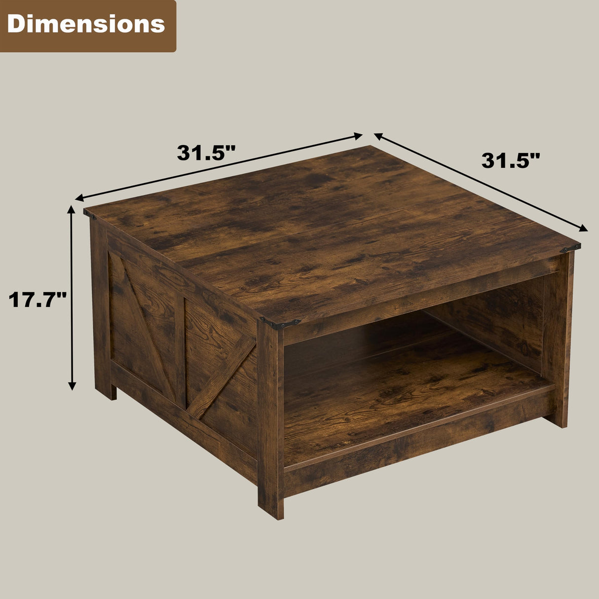 OKYCI Farmhouse Coffee Table for Living Room, Wood Square Coffee Tables, 31.5" D x 31.5" W, Rustic Brown OKYCI
