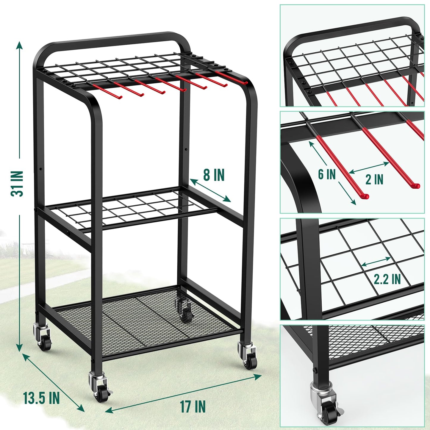 Trieez Wheeled Heavy Duty Garden Tool Storage, Alloy Steel Garden Tool Organizer with Wheels - Sturdy Metal Garden Tool Organizer for Garage, Shed, Yard Tool Holder, Basement