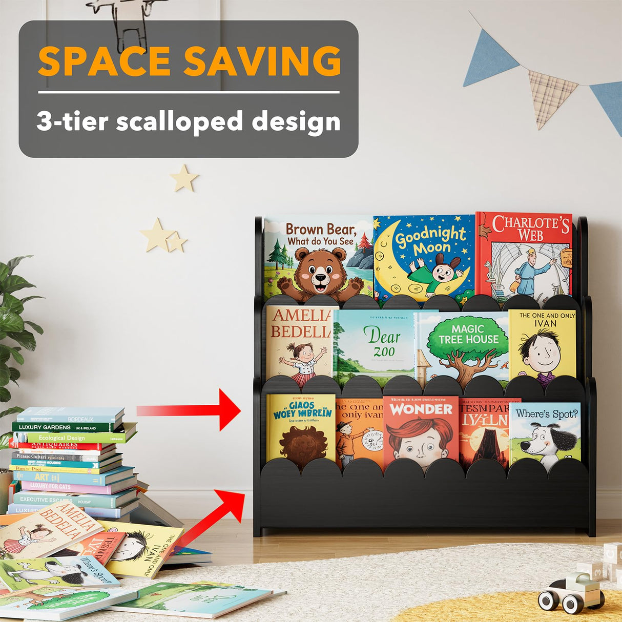 SpaceAid 3-Tier Scalloped Bookshelf, Montessori Bookcase for Toddlers, Wooden Book Shelf Organizer Display Furniture for Kids Rooms, Playroom, Nursery and Classroom, Black SpaceAid