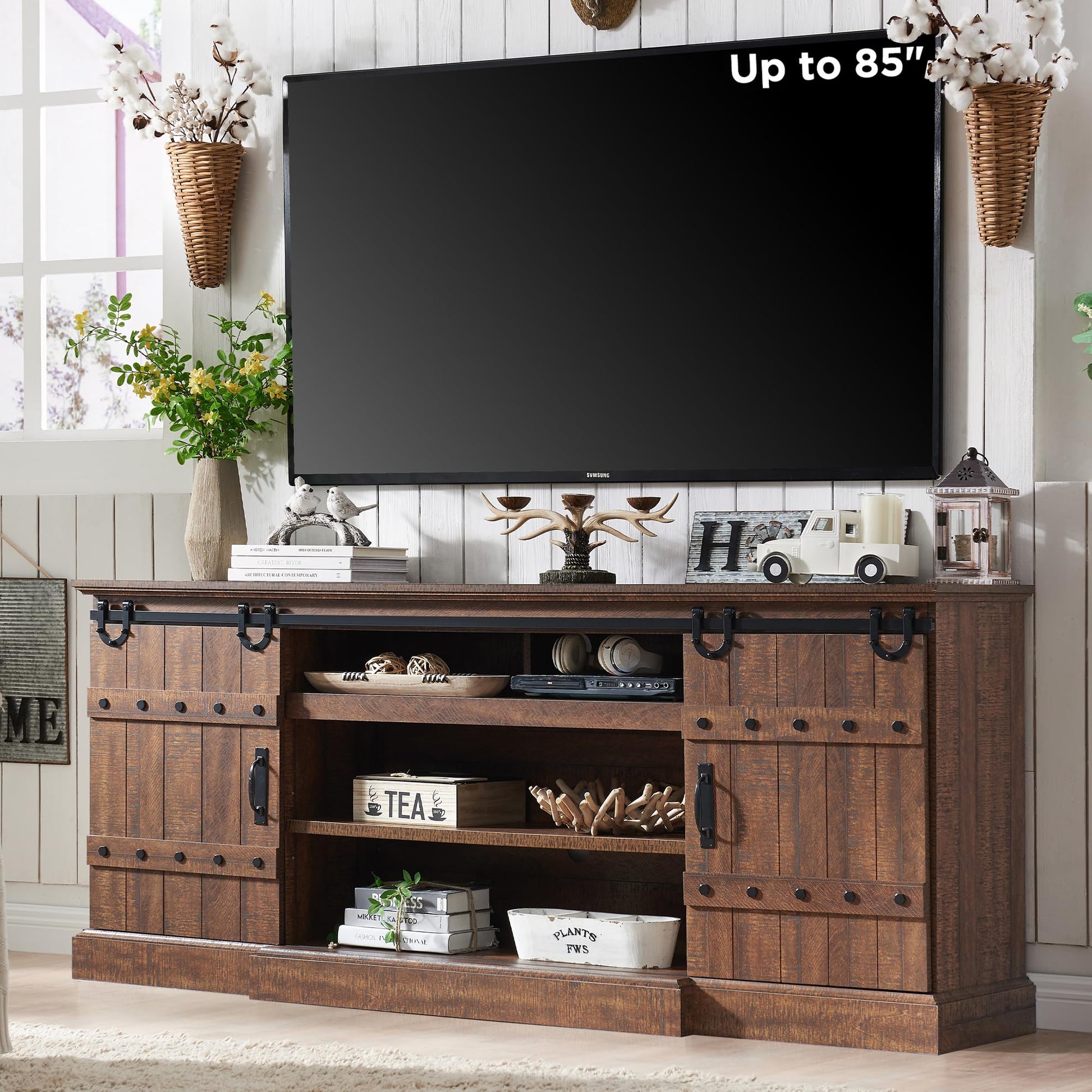 OKD Farmhouse 75" TV Stand for 80 85 Inch TV, Rustic Media Console Table with Sliding Barn Door, Large Highboy Entertainment Center with Storage Cabinet for Living Room, Bedroom, Reclaimed Ba - WoodArtSupply