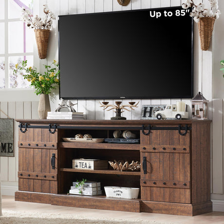OKD Farmhouse 75" TV Stand for 80 85 Inch TV, Rustic Media Console Table with Sliding Barn Door, Large Highboy Entertainment Center with Storage Cabinet for Living Room, Bedroom, Reclaimed Barnwood OKD