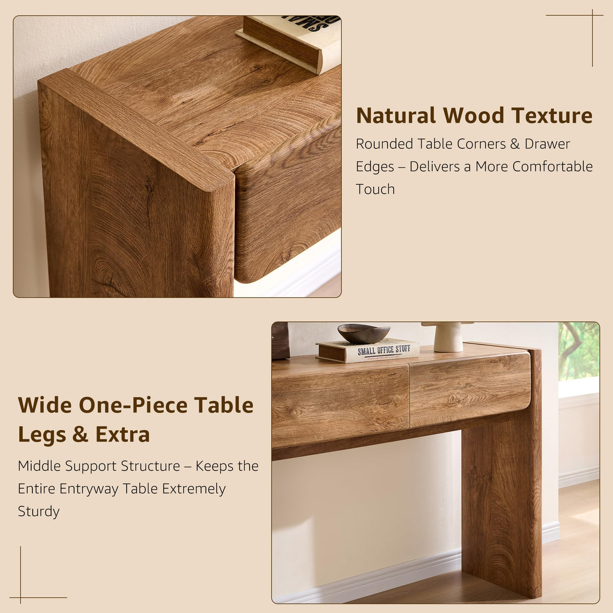 OKD 63'' Console Table with 3 Drawers, Farmhouse Entryway Table with Rounded Corners, Console Table Behind Couch for Living Room/Hallway-Light Knotty Oak OKD