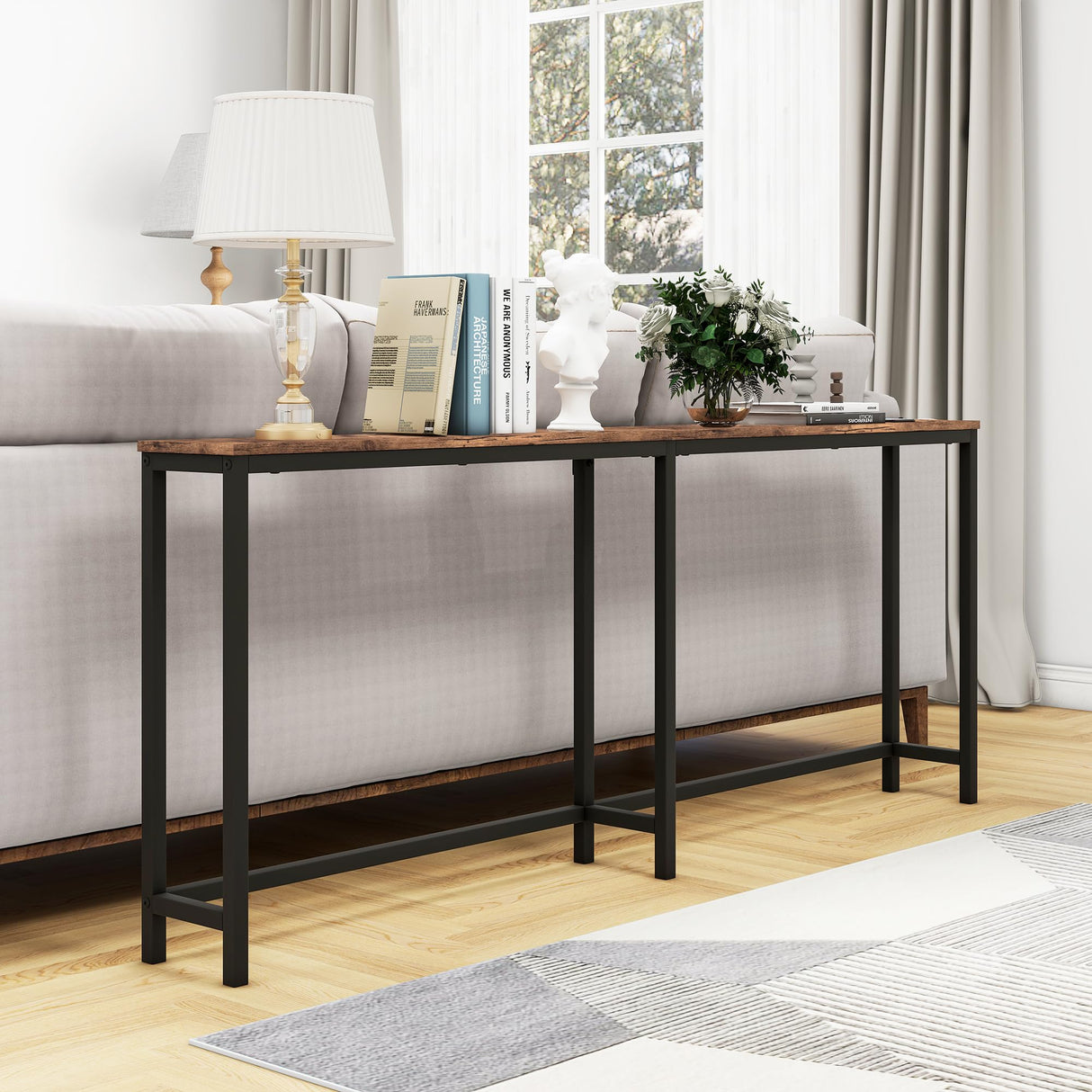 HOMERECOMMEND 70.8 Inch Console Table with USB Ports, Sofa Table with Charging Station, Narrow Entryway Table, Skinny Hallway Table,Rustic Brown HOMERECOMMEND