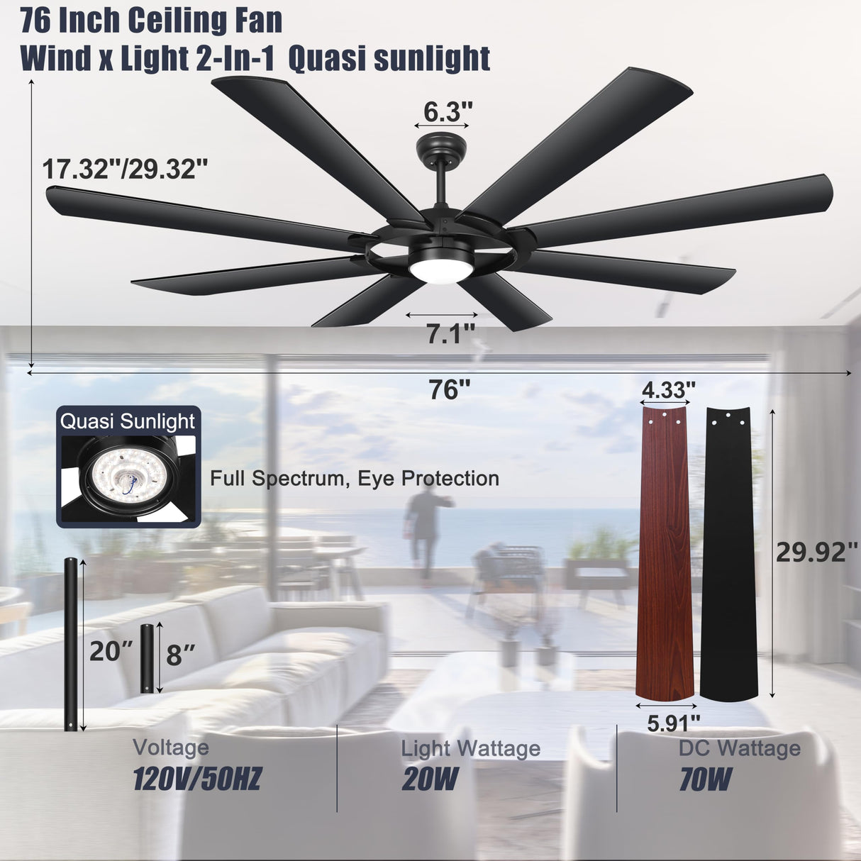 Ohniyou 76 inch Large Ceiling Fans with Lights and Remote, 8 Wood Blades White Outdoor Modern Industrial LED Lights Ceiling Fans with Reversible Quiet DC Motor for Living Room Patio Farmhouse Ohniyou