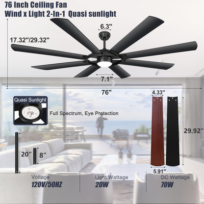 Ohniyou 76 inch Large Ceiling Fans with Lights and Remote, 8 Wood Blades White Outdoor Modern Industrial LED Lights Ceiling Fans with Reversible Quiet DC Motor for Living Room Patio Farmhouse - WoodArtSupply