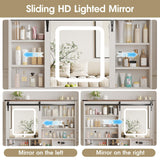 Farmhouse Makeup Vanity Desk with Sliding Mirror and Lights and Charging Station, White Vanity with Shelves and Drawers and Storage Cabinet, Make Up Vanity Desk with Cushioned Stool for Bedroom Befrases