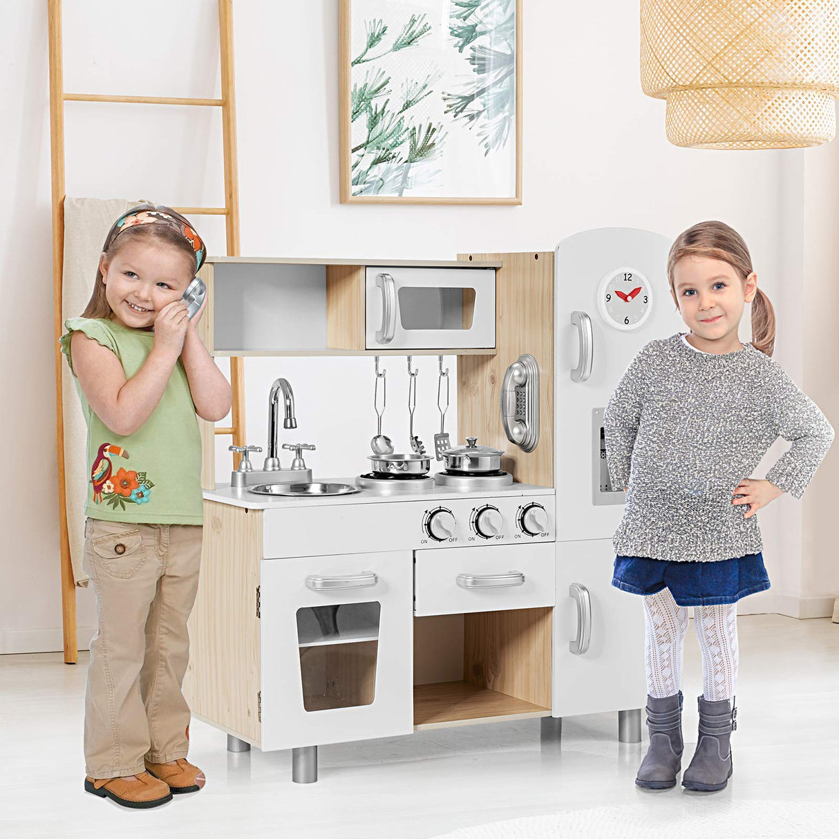 Costzon Kitchen Playset for Kids, Wooden Pretend Cooking Kitchen w/Utensils, Oven, Cabinets, Faucet, Sink & Telephone, Toddlers Play Kitchen Set with Accessories Gift for Age 3+ (Natural) Costzon