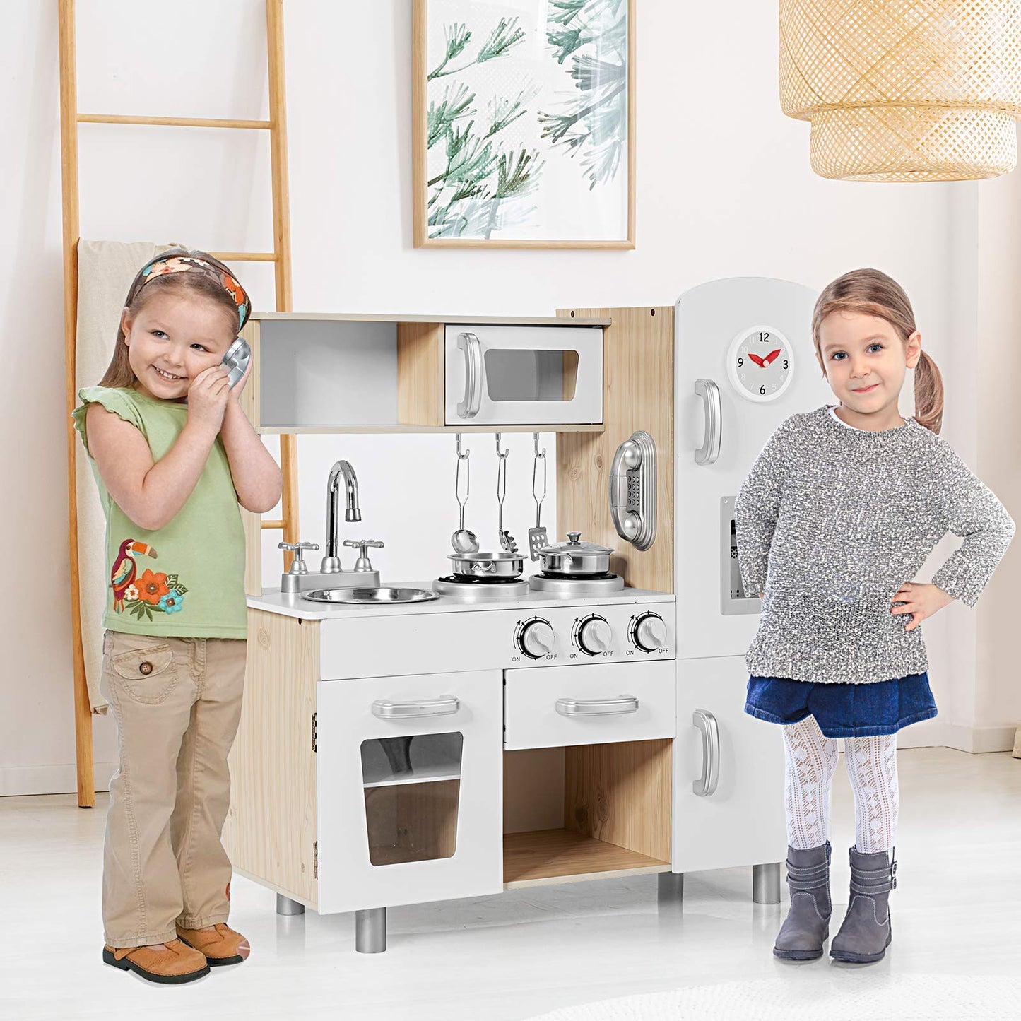 Costzon Kitchen Playset for Kids, Wooden Pretend Cooking Kitchen w/Utensils, Oven, Cabinets, Faucet, Sink & Telephone, Toddlers Play Kitchen Set with Accessories Gift for Age 3+ (Natural)