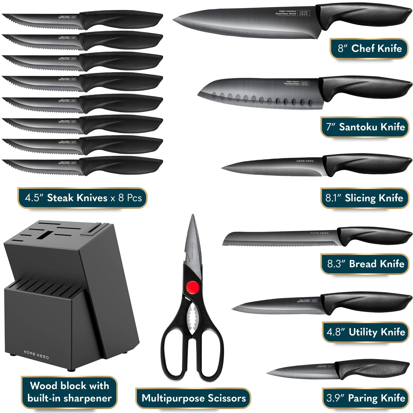 Home Hero Kitchen Knife Set with Sharpener - High Carbon Stainless Steel Knife Block Set with Ergonomic Handles (16 Pcs - Black)