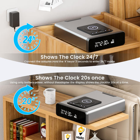 Mboko Biometric Discreet Gun Safe with 12-Hour Time Clock Display, Wireless Charging Gun Safe for Handgun with Adjustable Brightness, Backlit Keypad, LED Light, and Auto Pop-up Access Mboko