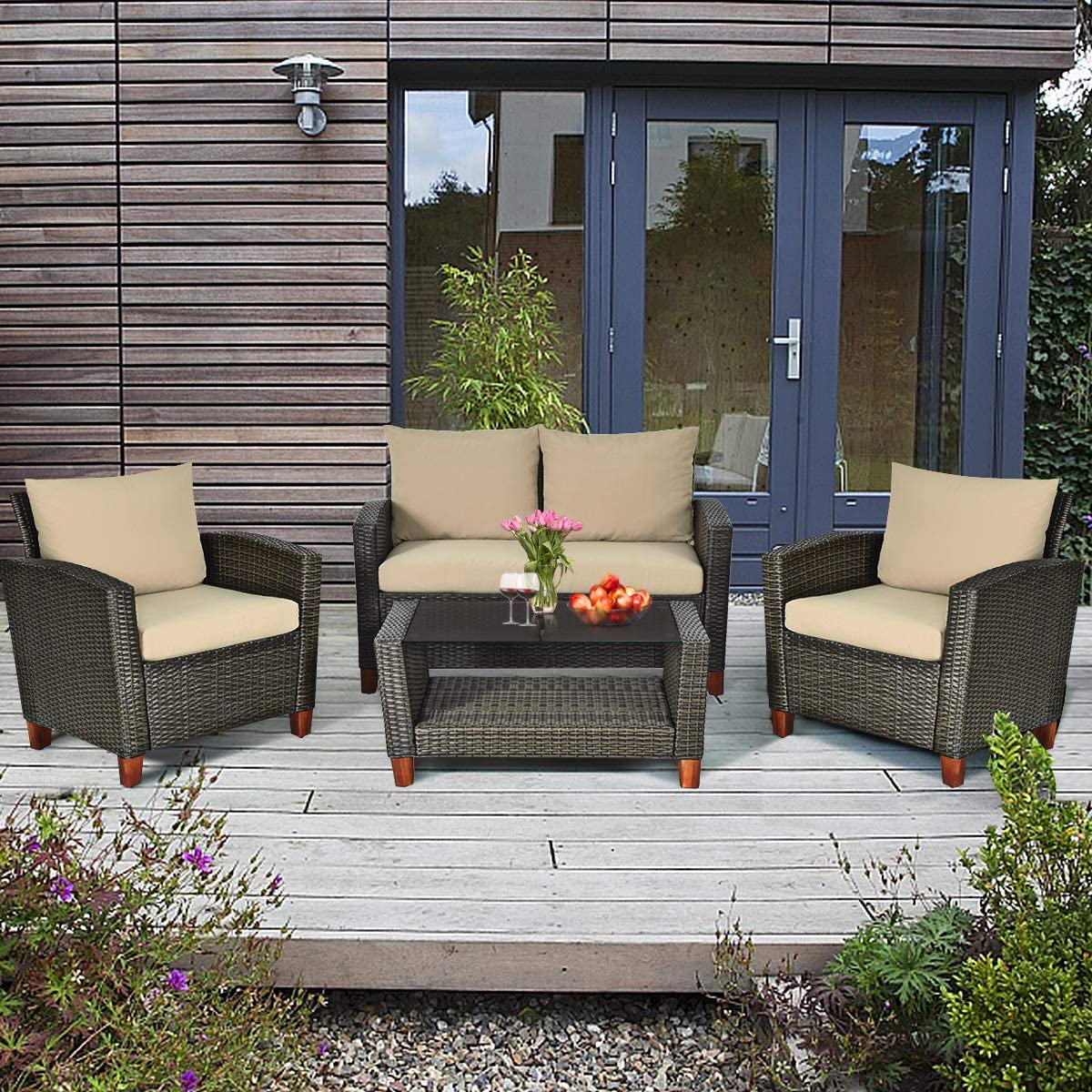 HAPPYGRILL 4 Pieces Patio Conversation Set Outdoor Rattan Wicker Furniture Set Sectional Wicker Sofa Chair & Coffee Table Set for Porch Poolside Backyard HAPPYGRILL