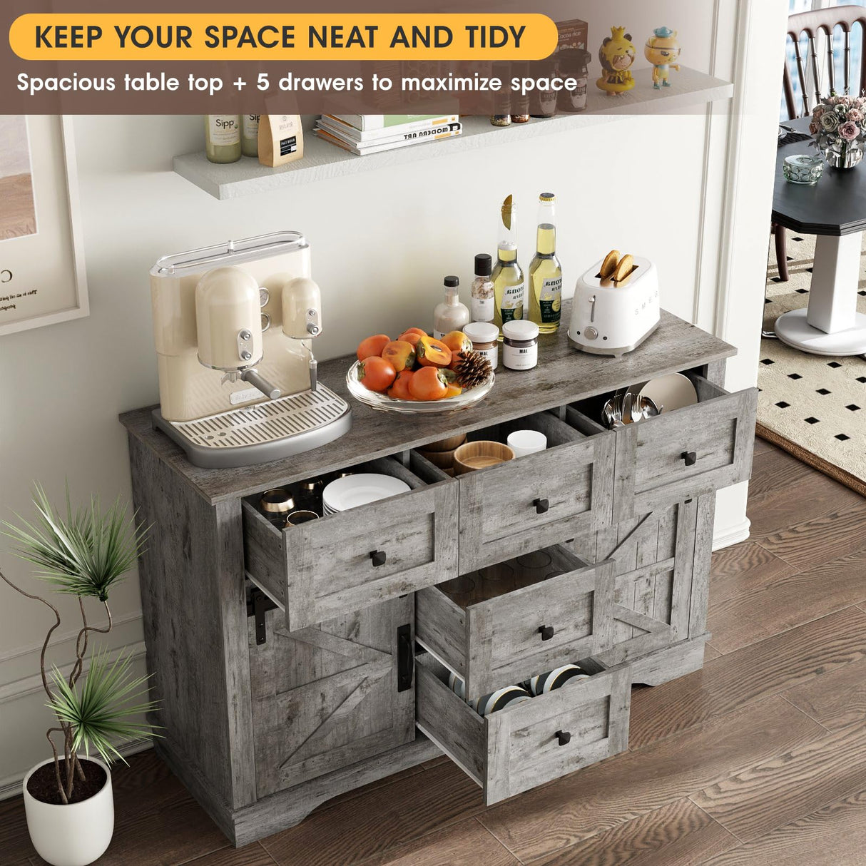 Vabches Farmhouse Sideboard Buffet Cabinet with Storage, Large Kitchen Sideboard Cabinet, Sliding Barn Doors and 5 Drawers, Adjustable Shelves, Coffee Bar Table for Dining Room, Light Rustic Oak Vabches