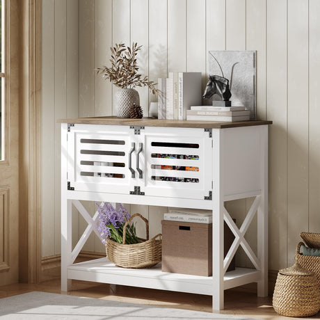 ChooChoo Farmhouse Console Table with Charging Station, 35.4 L x 17.7 D x 31.49 H Coffee Bar Cabinet with Storage, Sideboard Buffet Cabinet with Doors for Kitchen, Living Room, White ChooChoo