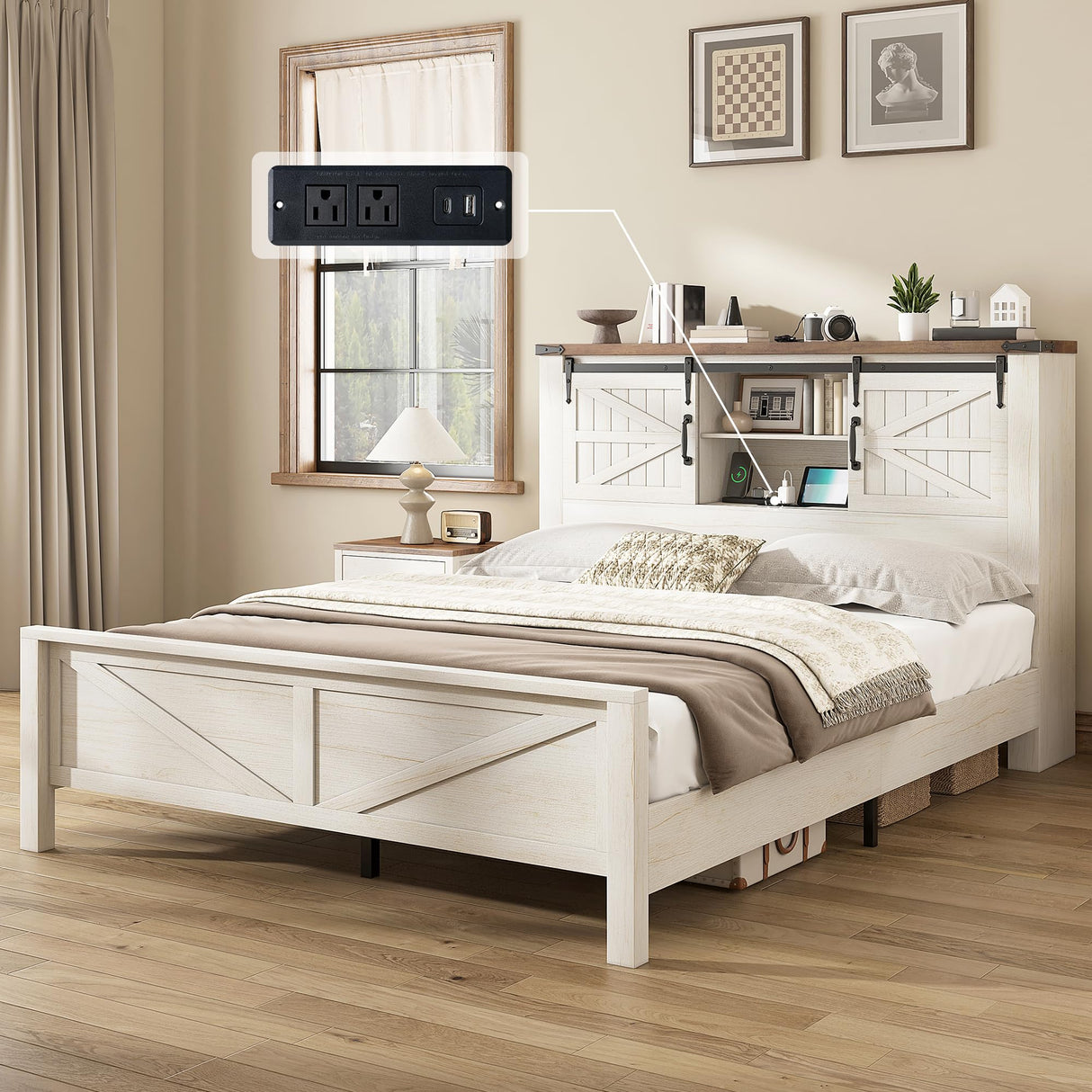 AMERLIFE Farmhouse Queen Bed Frame with Storage Headboard & Charging Station, Rustic Wood Platform Bed with Barn Door Bookcase, No Box Spring Needed, Antique White Bedroom Furniture AMERLIFE