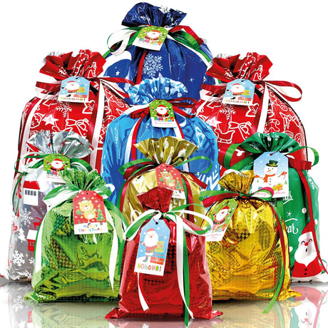 Diamerd 38PC Christmas Gift Bags with Tags & Ribbon Ties, Assorted Sizes for Xmas Holiday Present Wrapping & Festival Party Supplies-Small/Medium/Large Diamerd