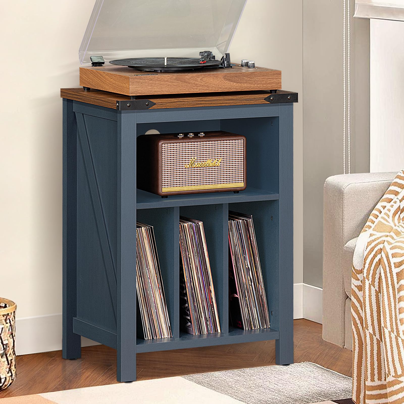 Joaxswe Record Player Stand with Vinyl Record Storage,Navy Blue Record Player Table Holds up to 160 Albums,Large Wood Turntable Stand Cabinet Dispaly Shelf for Living Room,Bedroom,Office - WoodArtSupply