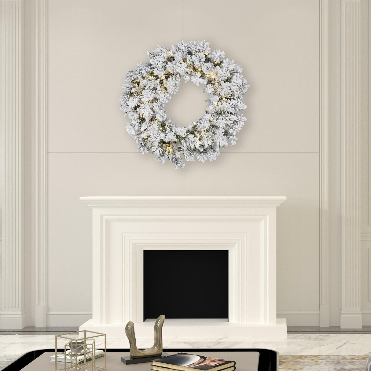 Vickerman 42" Flocked Snow Ridge Artificial Christmas Wreath, Warm White LED Lights - Faux Snowy Christmas Wreath - Indoor Seasonal Home Wall Decor Vickerman