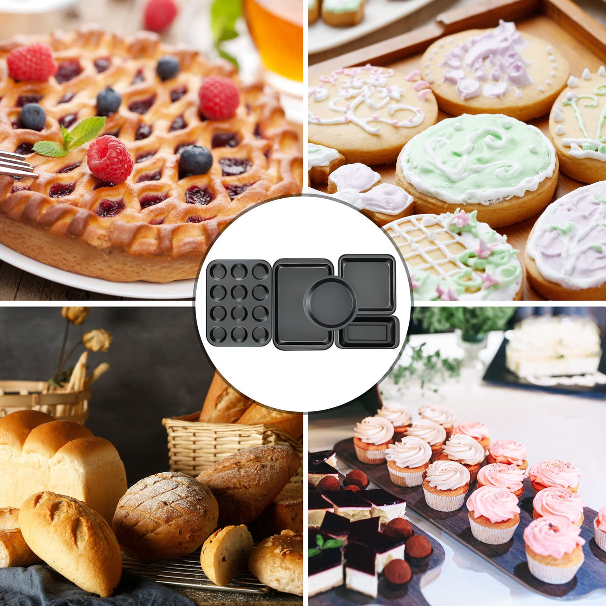 Baking Pans Nonstick Set, 5-Piece Bakeware Sets with Round/Square Cake Pan, Muffin Pan, Loaf Pan, Roast Pan, Baking Sheets for Oven, mobzio Kitchen Cookware Sets Baking Supplies mobzio