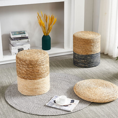 Wimarsbon Ottoman Poufs, 100% Natural Seagrass Pouffe, Hand Weave Round Footstool with Wood Frame, Sitting Braided Footrest, Home Boho Decorative Seat, Accent Chair for Living Room, Bedroom Wimarsbon