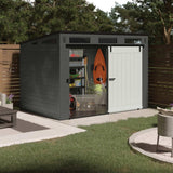 Suncast Modernist 10 Foot by 7 Foot Outdoor Plastic Storage Shed with Pad Lockable Sliding Barn Door for Outdoor Storage Items, Gray and Black Suncast